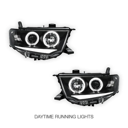 Mitsubishi Challenger PB / PC (2008 - 2015) Black 3D DRL & Angel Eyes Projector Headlights LH + RH
