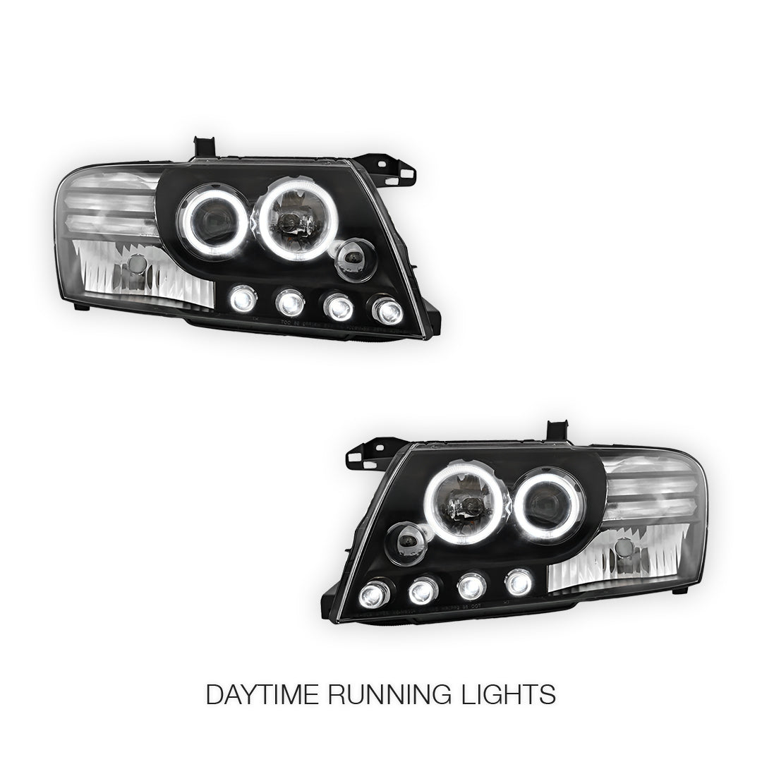 Mitsubishi Pajero NM / NP (2000 - 2006) Black High Power LED Angel Eyes Projector Headlights LH + RH