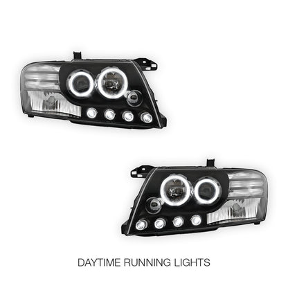 Mitsubishi Pajero NM / NP (2000 - 2006) Black High Power LED Angel Eyes Projector Headlights LH + RH