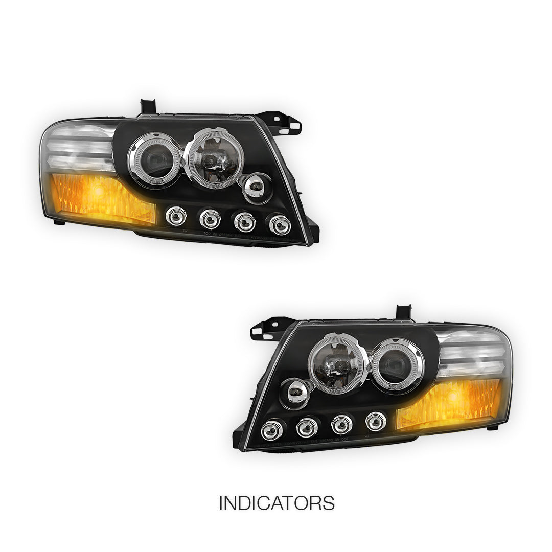 Mitsubishi Pajero NM / NP (2000 - 2006) Black High Power LED Angel Eyes Projector Headlights LH + RH