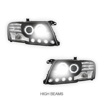 Mitsubishi Pajero NM / NP (2000 - 2006) Black High Power LED Angel Eyes Projector Headlights LH + RH