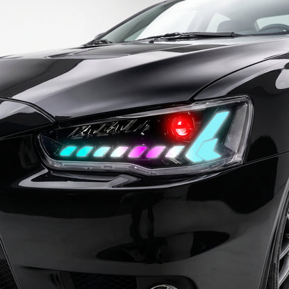 Mitsubishi Lancer Evo 10 (2007 - 2017) RGB Demon Eye Style LED DRL Projector Headlights LH + RH