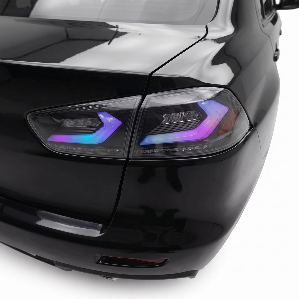 Mitsubishi Lancer Evo X / CJ / CF (2008 - 2018) Smoked 3D RGB Sequential Tail Lights LH + RH installed close-up