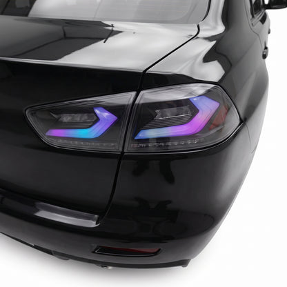 Mitsubishi Lancer Evo X / CJ / CF (2008 - 2018) Smoked 3D RGB Sequential Tail Lights LH + RH installed close-up