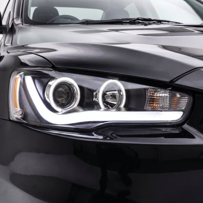 Mitsubishi Lancer Evolution X CF CJ Sedan (2007 - 2017) Sequential Headlights LH + RH installed close-up