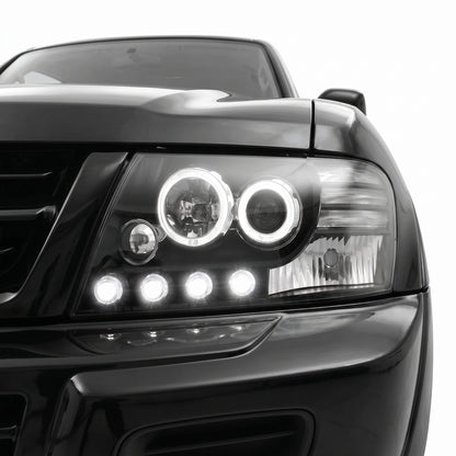 Mitsubishi Pajero NM / NP (2000 - 2006) High power LED Angel Eyes Projector Headlights LH + RH installed close-up