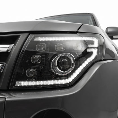 Mitsubishi Pajero NS / NT / NW / NX (2007 - 2021) DRL Style Full LED Projector Sequential Indicator Headlights LH + RH installed close-up