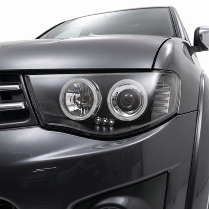 Mitsubishi Triton ML / MN (2006 - 2015) Black High Power LED Angel-Eyes Projector Headlights LH + RH installed close-up