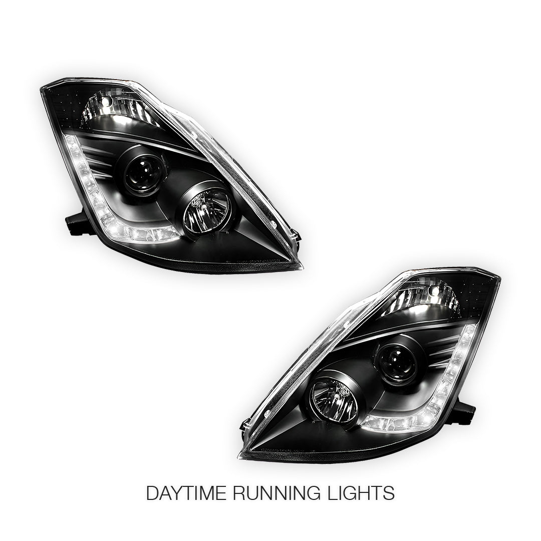 Nissan 350Z Z33 Series 1 (2003 - 2005) JDM Black LED DRL Projector Headlights LH + RH