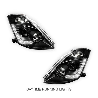 Nissan 350Z Z33 Series 1 (2003 - 2005) JDM Black LED DRL Projector Headlights LH + RH