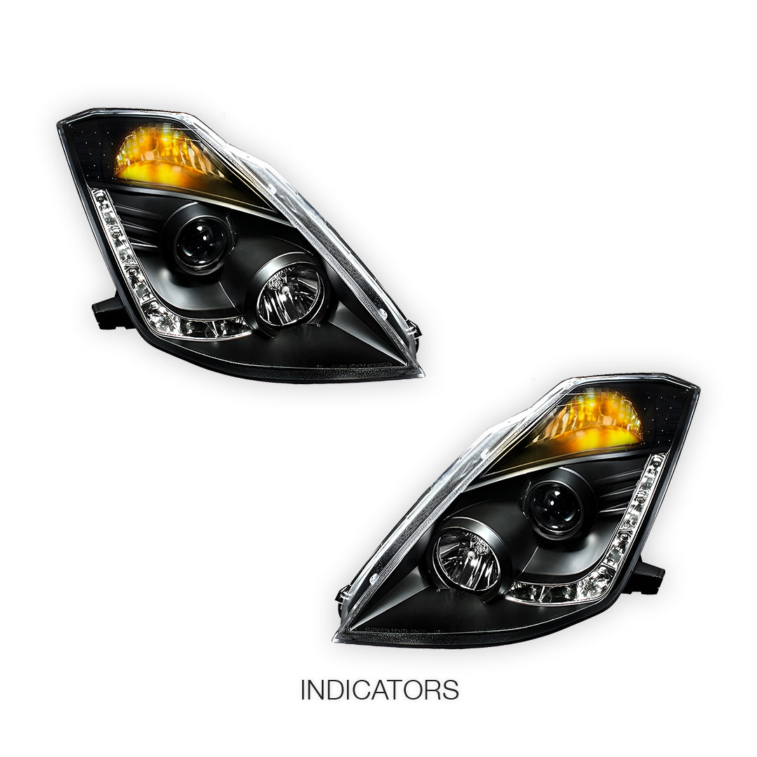 Nissan 350Z Z33 Series 1 (2003 - 2005) JDM Black LED DRL Projector Headlights LH + RH