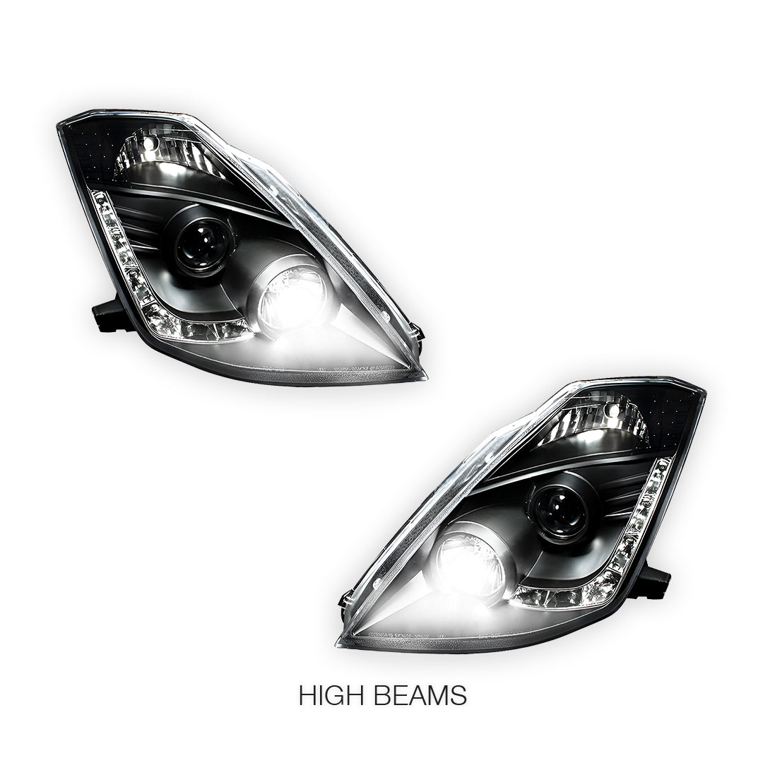 Nissan 350Z Z33 Series 1 (2003 - 2005) JDM Black LED DRL Projector Headlights LH + RH