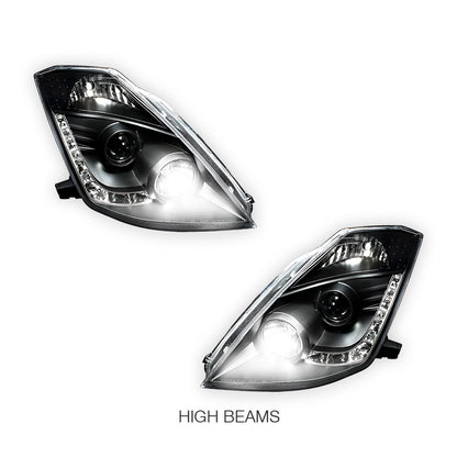 Nissan 350Z Z33 Series 1 (2003 - 2005) JDM Black LED DRL Projector Headlights LH + RH
