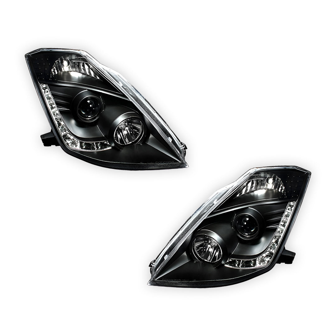 Nissan 350Z Z33 Series 1 (2003 - 2005) JDM Black LED DRL Projector Headlights LH + RH