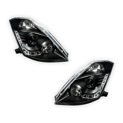 Nissan 350Z Z33 Series 1 (2003 - 2005) JDM Black LED DRL Projector Headlights LH + RH