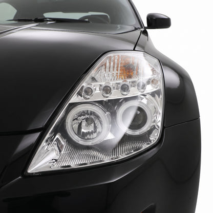 Nissan 350Z Z33 Series 1 (2003 - 2005) Crystal Clear Angel Eyes Projector Headlights LH + RH installed close-up