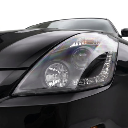 Nissan 350Z Z33 Series 2 (2006 - 2008) JDM Black LED DRL Projector Headlights LH + RH installed close-up