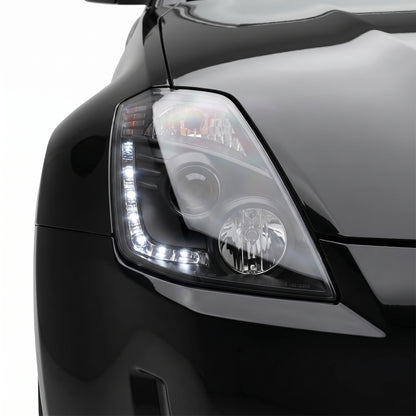 Nissan 350Z Z33 Series 2 (2006 - 2008) JDM Black LED DRL Projector Headlights LH + RH