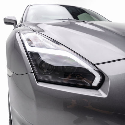 Nissan GT-R R35 (2007 - 2013) Crystal Eye Update Style DRL With LED Sequential Indicators Headlights LH + RH installed close-up