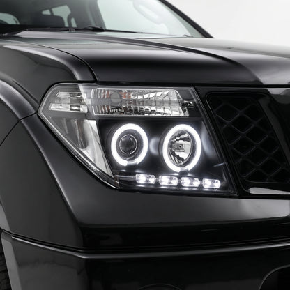 Nissan Navara D40 (2005 - 2014) Black CCFL Angel Eyes Projector Headlights LH + RH