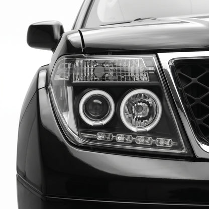 Nissan Pathfinder R51 (2005 - 2009) Black CCFL Angel Eyes Projector Headlights LH + RH installed close-up