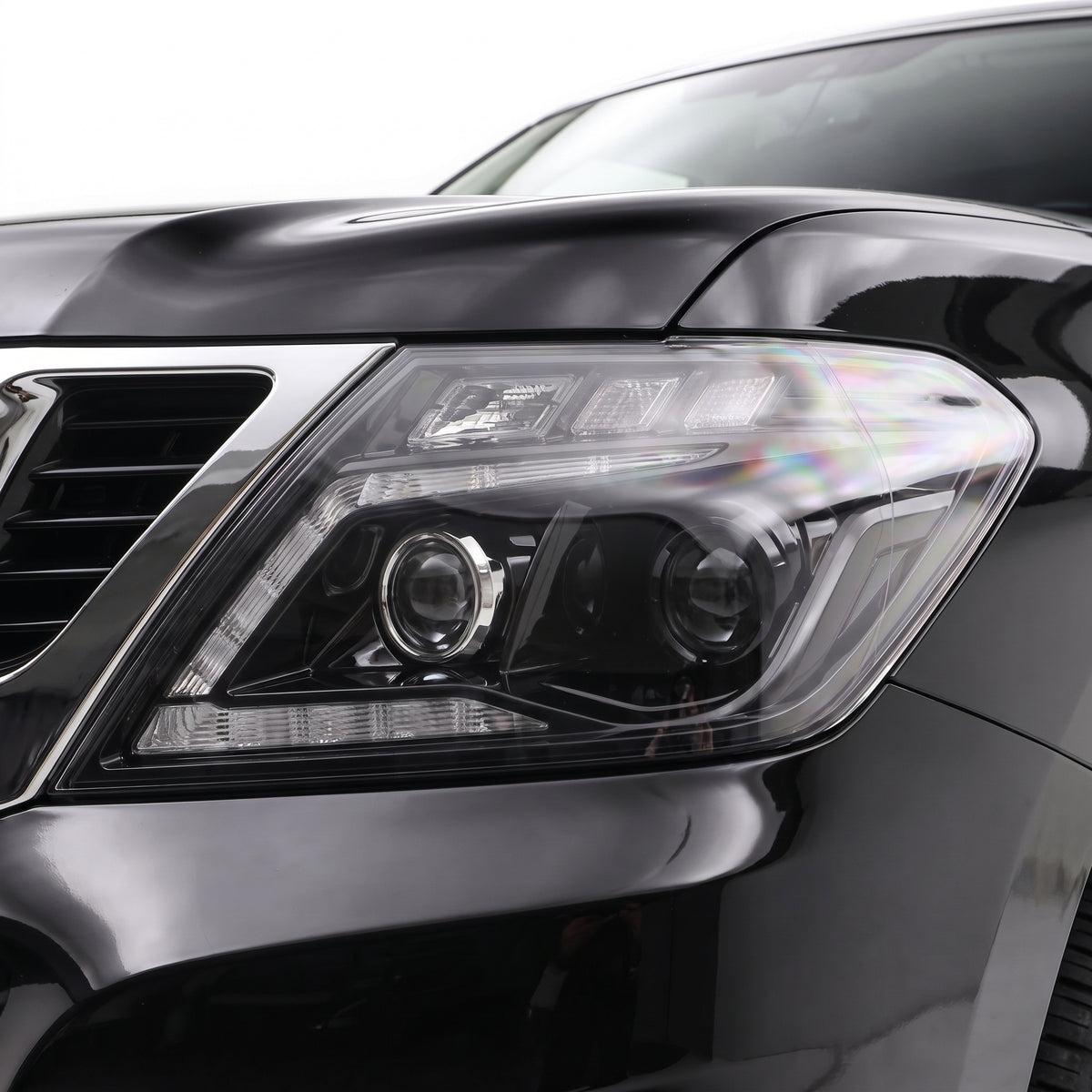 Nissan Patrol Y62 (2012- 2019) DRL Full LED Head Lights with Sequential Indicator  LH + RH installed close-up