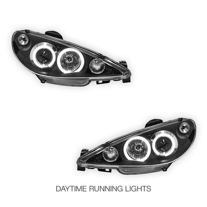 Peugeot 206 206CC Facelift (2003 - 2007) Black CCFL Angel Eyes Projector Headlights LH + RH
