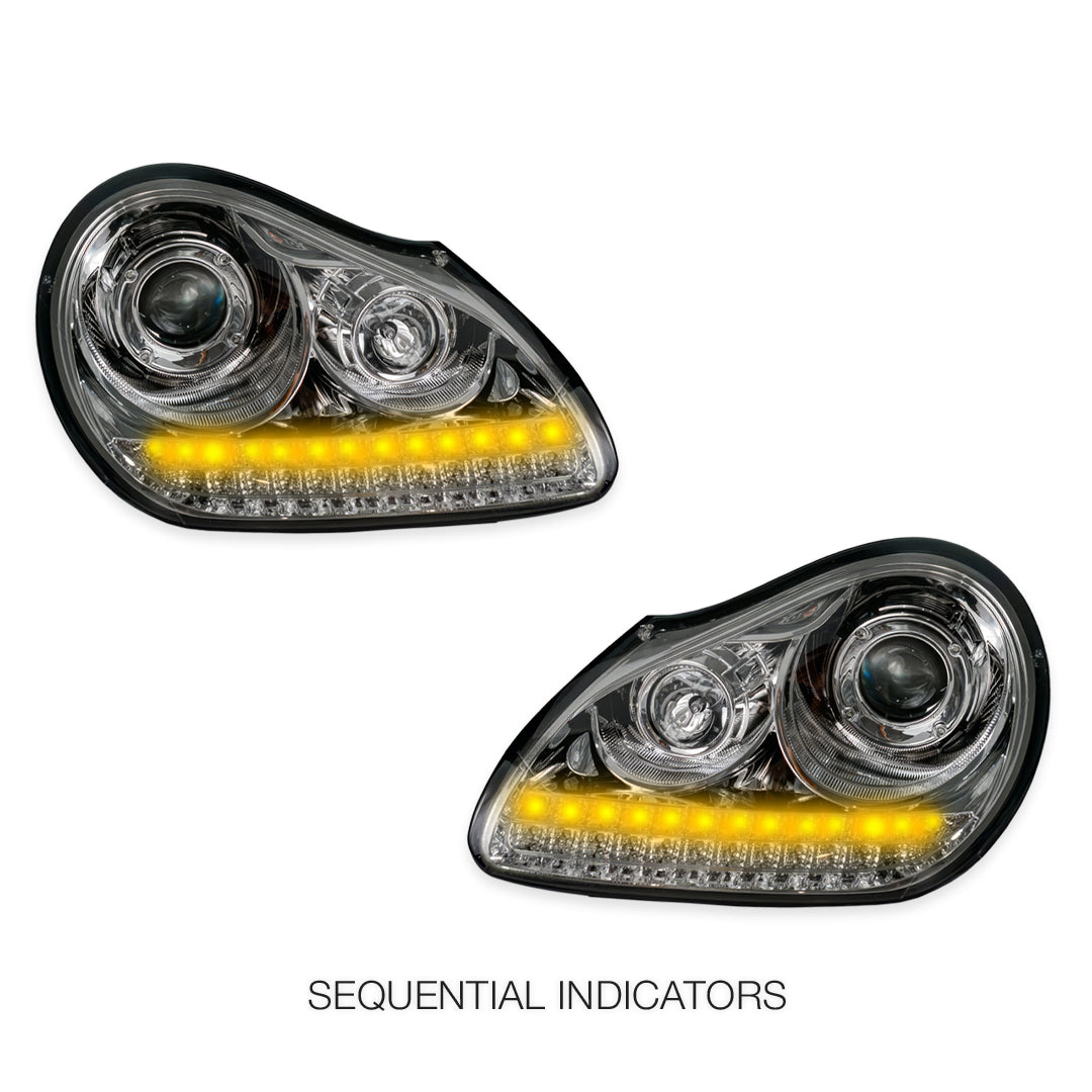 Porsche Cayenne 955 9PA (2003 - 2006) Crystal Clear LED DRL Projector Headlights LH + RH