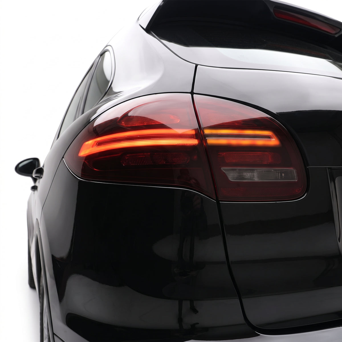 Porsche Cayenne 92A / 958 (2010 - 2014) Smoked Red Sequential 3D LED Stripe Bar Tail Lights LH + RH installed close-up