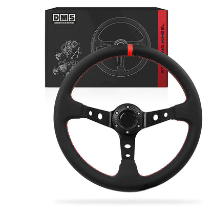 350mm Leather Red / Suede Blue / Yellow Stitching Racing 97mm Deep dish Steering Wheel