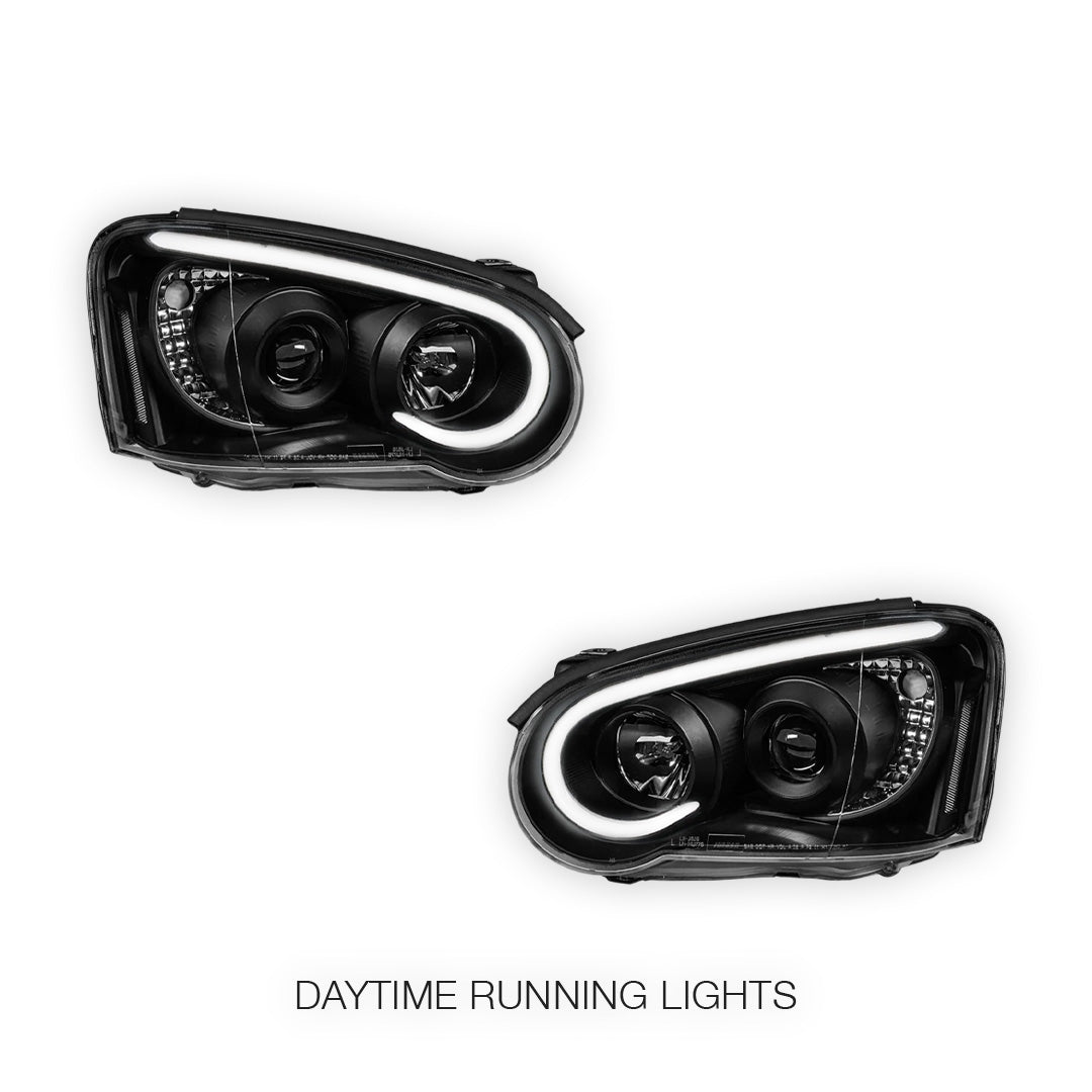 Subaru Impreza Blobeye Sedan / Wagon (2003 - 2005) Black LED 3D Stripe DRL & Projector Headlights LH + RH