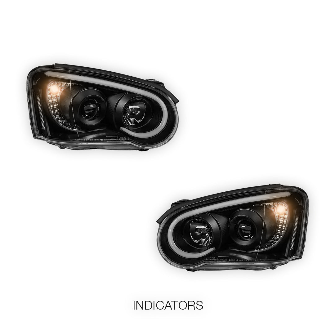 Subaru Impreza Blobeye Sedan / Wagon (2003 - 2005) Black LED 3D Stripe DRL & Projector Headlights LH + RH