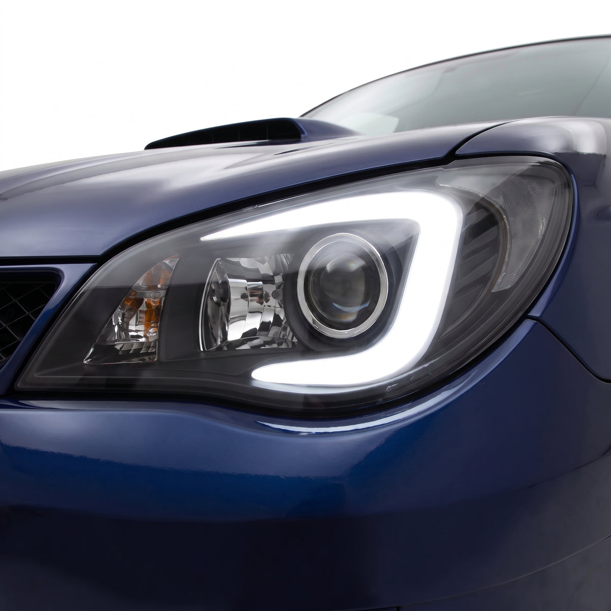 Subaru Impreza GD (2005 - 2007) Halogen Model LED DRL Projector Headlights LH + RH installed close-up