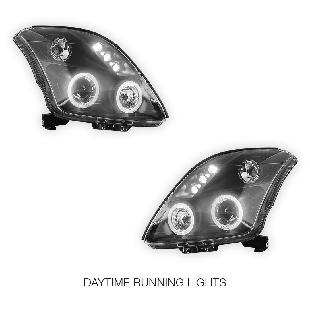 Suzuki Swift EZ (2004 - 2010) Black LED Angel Eyes Projector Headlights LH + RH