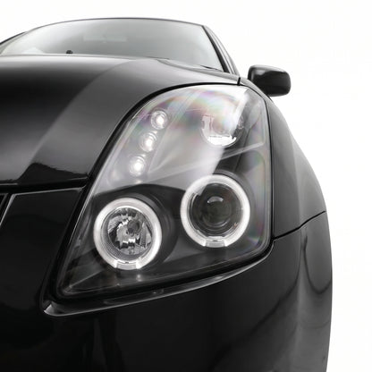 Suzuki Swift EZ (2004 - 2010) Black LED Angel Eyes Projector Headlights LH + RH installed close-up