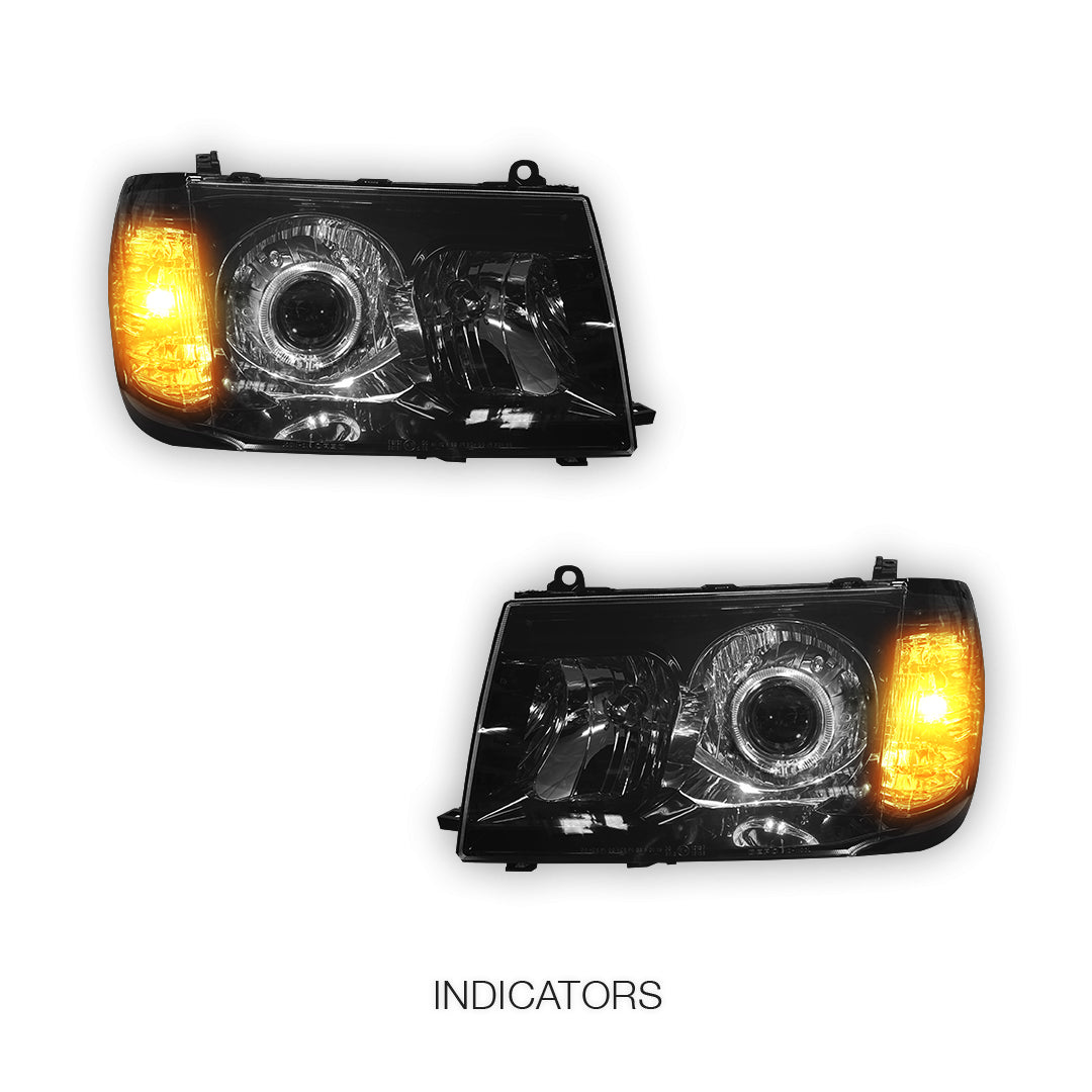 Toyota LandCruiser FJ100 Pre-Facelift (1998 - 2005) Black LED Angel Eye Halo Projector Headlights LH + RH