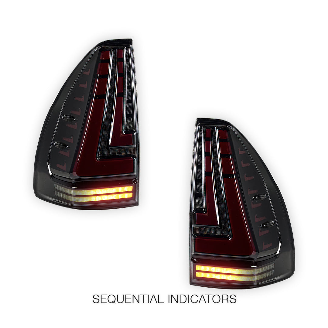 Toyota LandCruiser Prado 120 Series (2003 - 2009) Sequential Smoked Black Full LED Tail Lights LH + RH