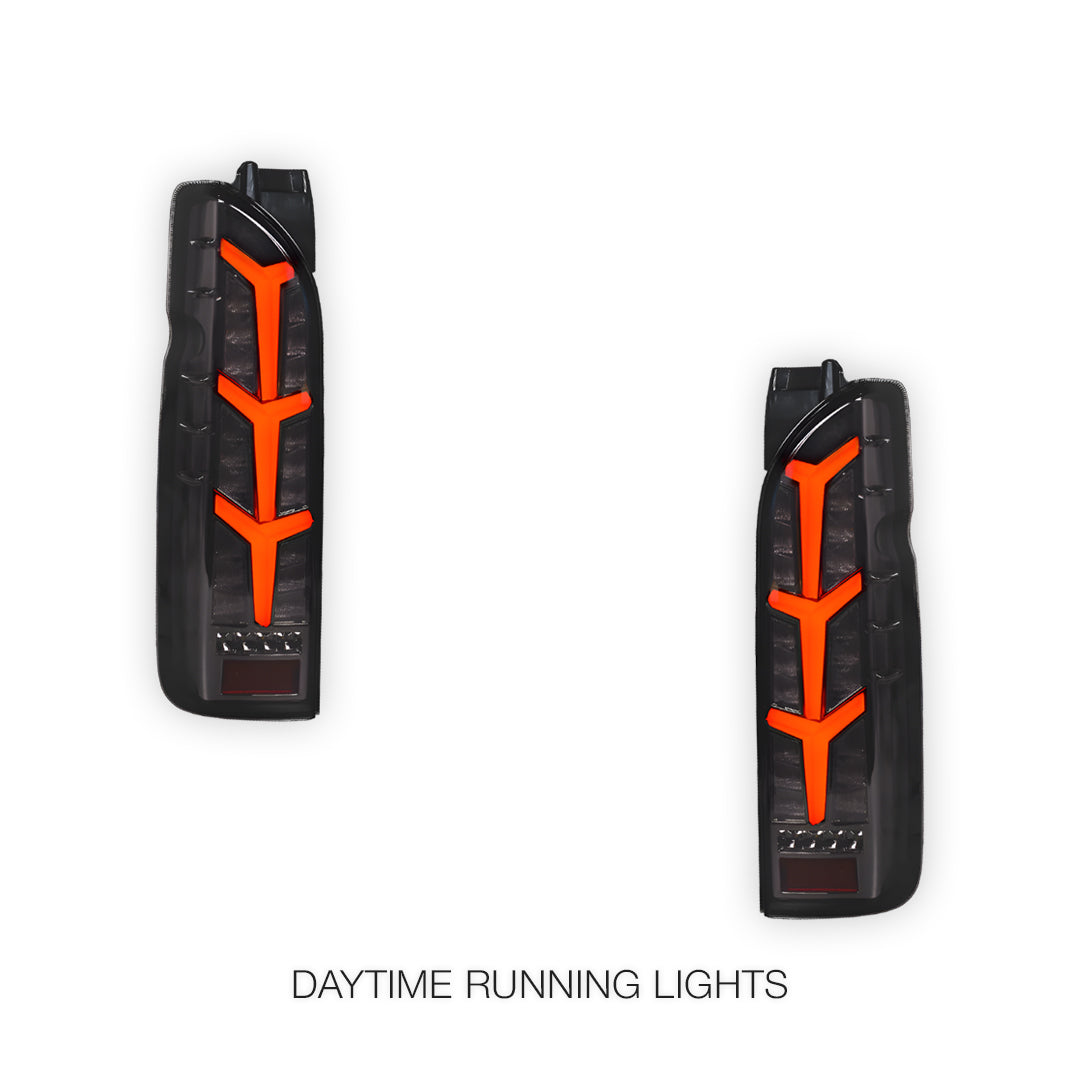 Toyota HiAce H200 (2005 - 2018) Fish Bone Style Smoked Black Full LED Tail Lights LH + RH