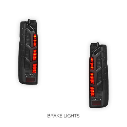 Toyota HiAce H200 (2005 - 2018) Fish Bone Style Smoked Black Full LED Tail Lights LH + RH