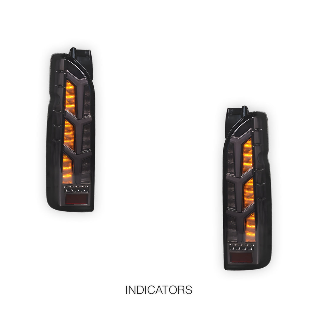 Toyota HiAce H200 (2005 - 2018) Fish Bone Style Smoked Black Full LED Tail Lights LH + RH