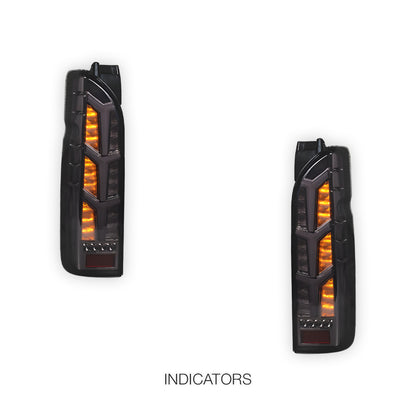 Toyota HiAce H200 (2005 - 2018) Fish Bone Style Smoked Black Full LED Tail Lights LH + RH