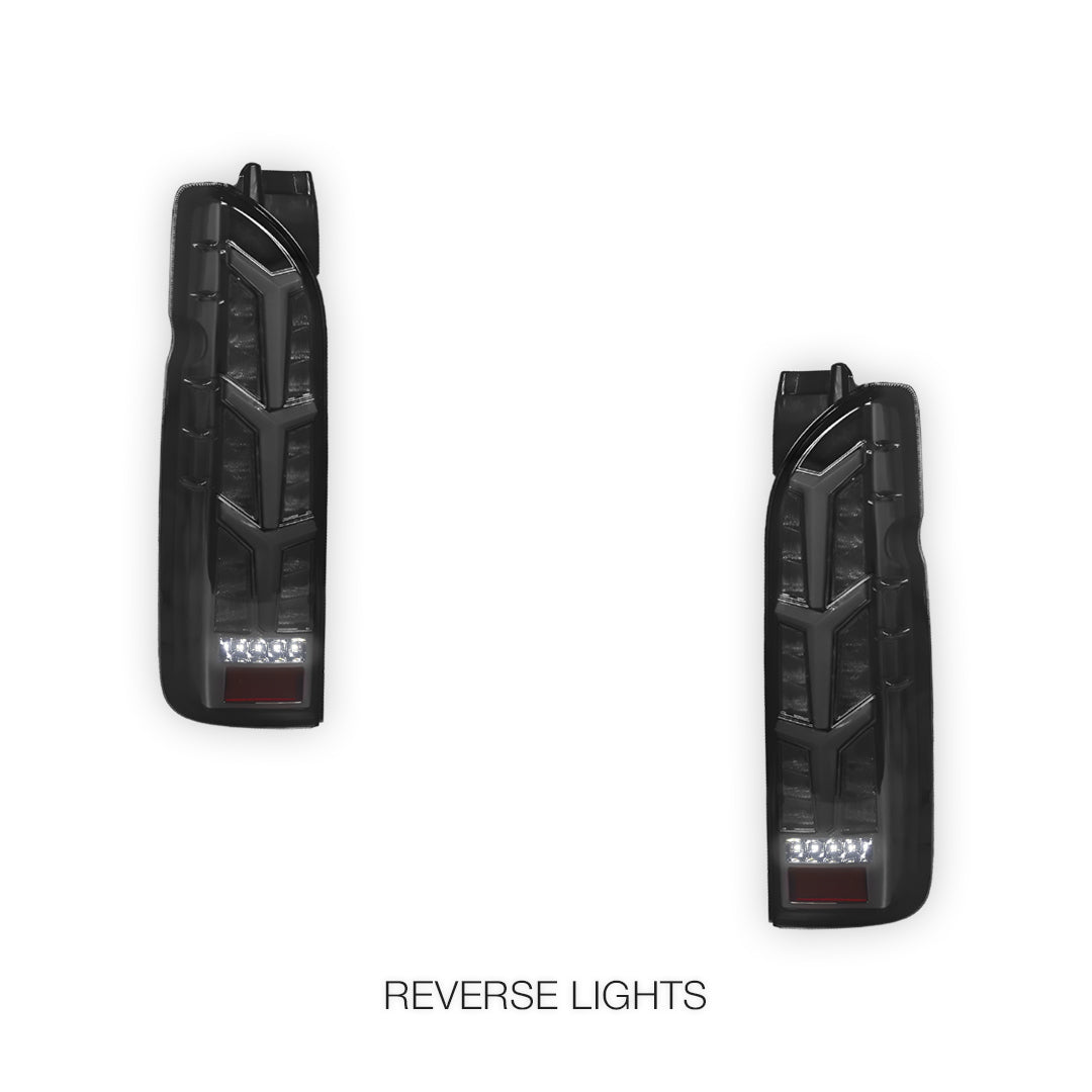 Toyota HiAce H200 (2005 - 2018) Fish Bone Style Smoked Black Full LED Tail Lights LH + RH