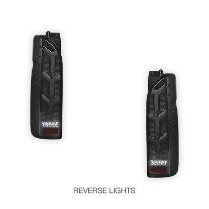 Toyota HiAce H200 (2005 - 2018) Fish Bone Style Smoked Black Full LED Tail Lights LH + RH