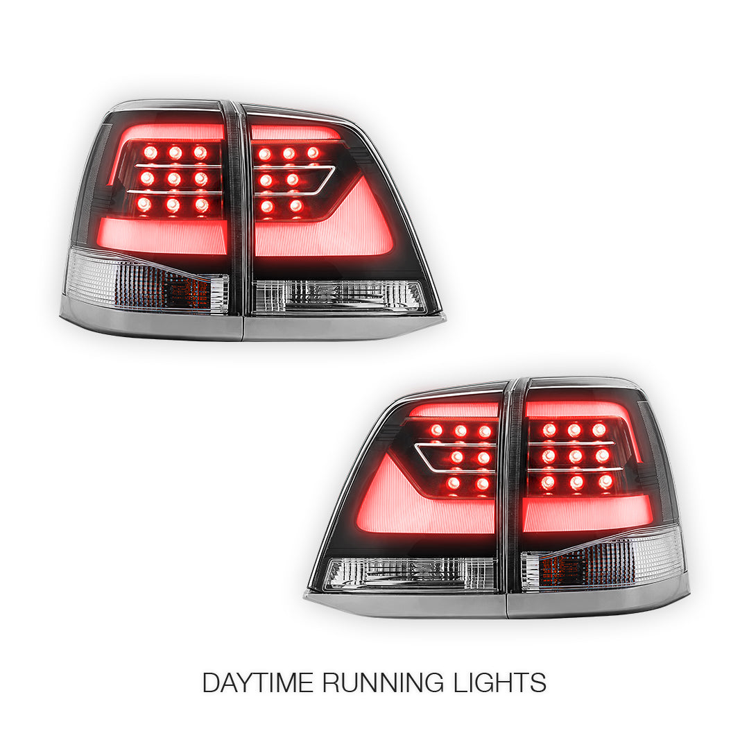 Toyota LandCruiser 200 Series (2008 - 2015) Sequential Black Clear LED Tail Lights LH + RH