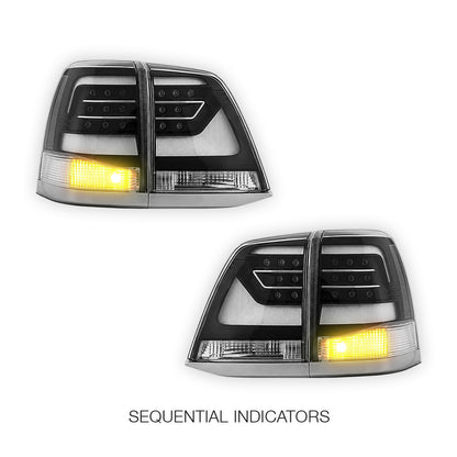 Toyota LandCruiser 200 Series (2008 - 2015) Sequential Black Clear LED Tail Lights LH + RH