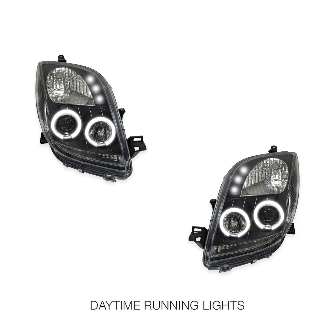 Toyota Yaris NCP90R / NCP91R Hatch (2005 - 2008) Black CCFL Angel Eyes Projector Headlights LH + RH