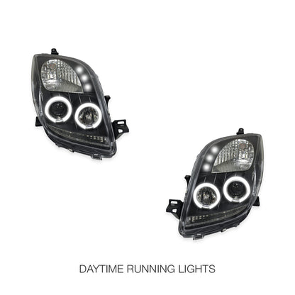 Toyota Yaris NCP90R / NCP91R Hatch (2005 - 2008) Black CCFL Angel Eyes Projector Headlights LH + RH
