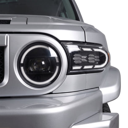 Toyota FJ Cruiser (2007 - 2017) Sequential Projector Headlights LH + RH installed close-up