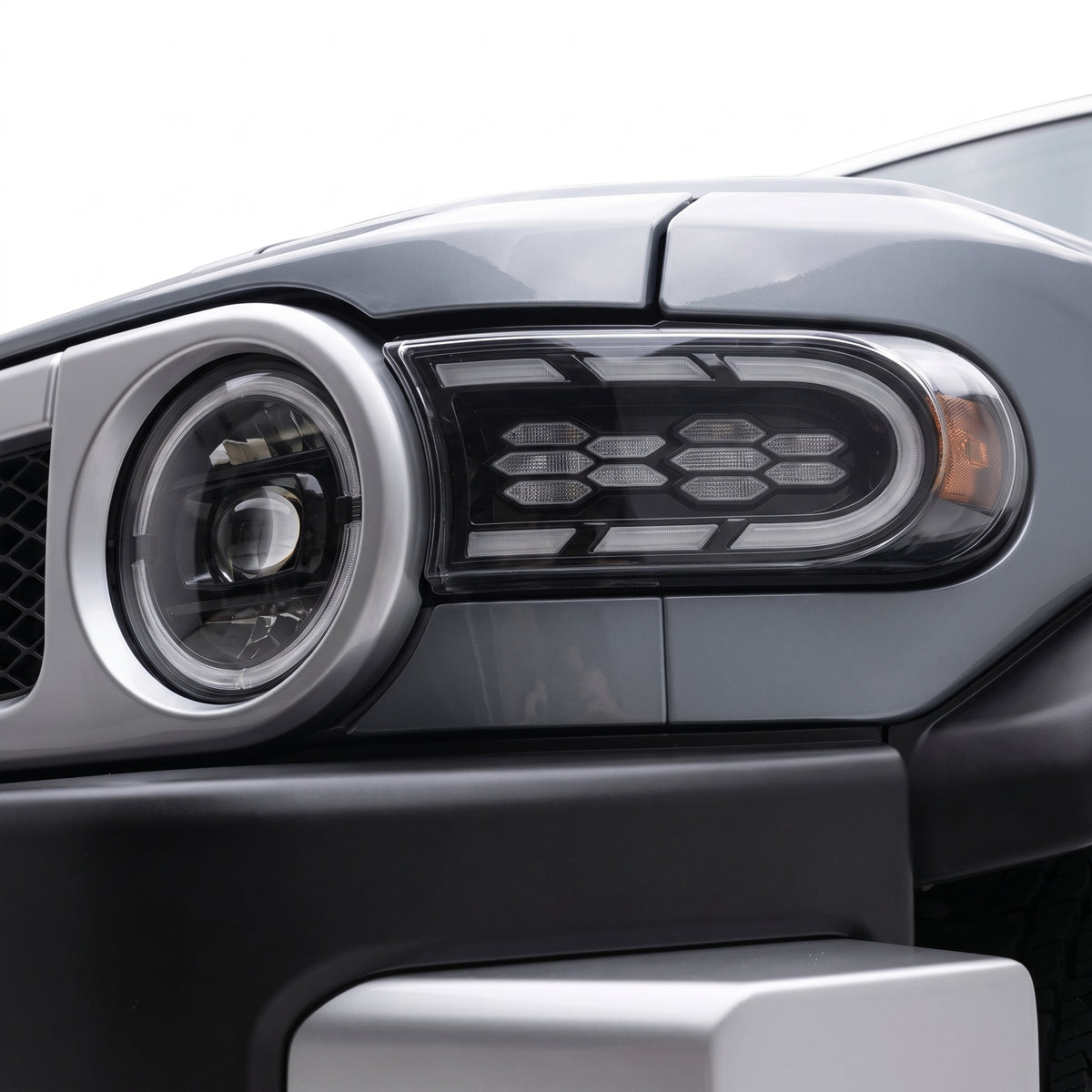 Toyota FJ Cruiser (2007 - 2020) Sequential Hexangonal Projector Headlights LH + RH installed close-up