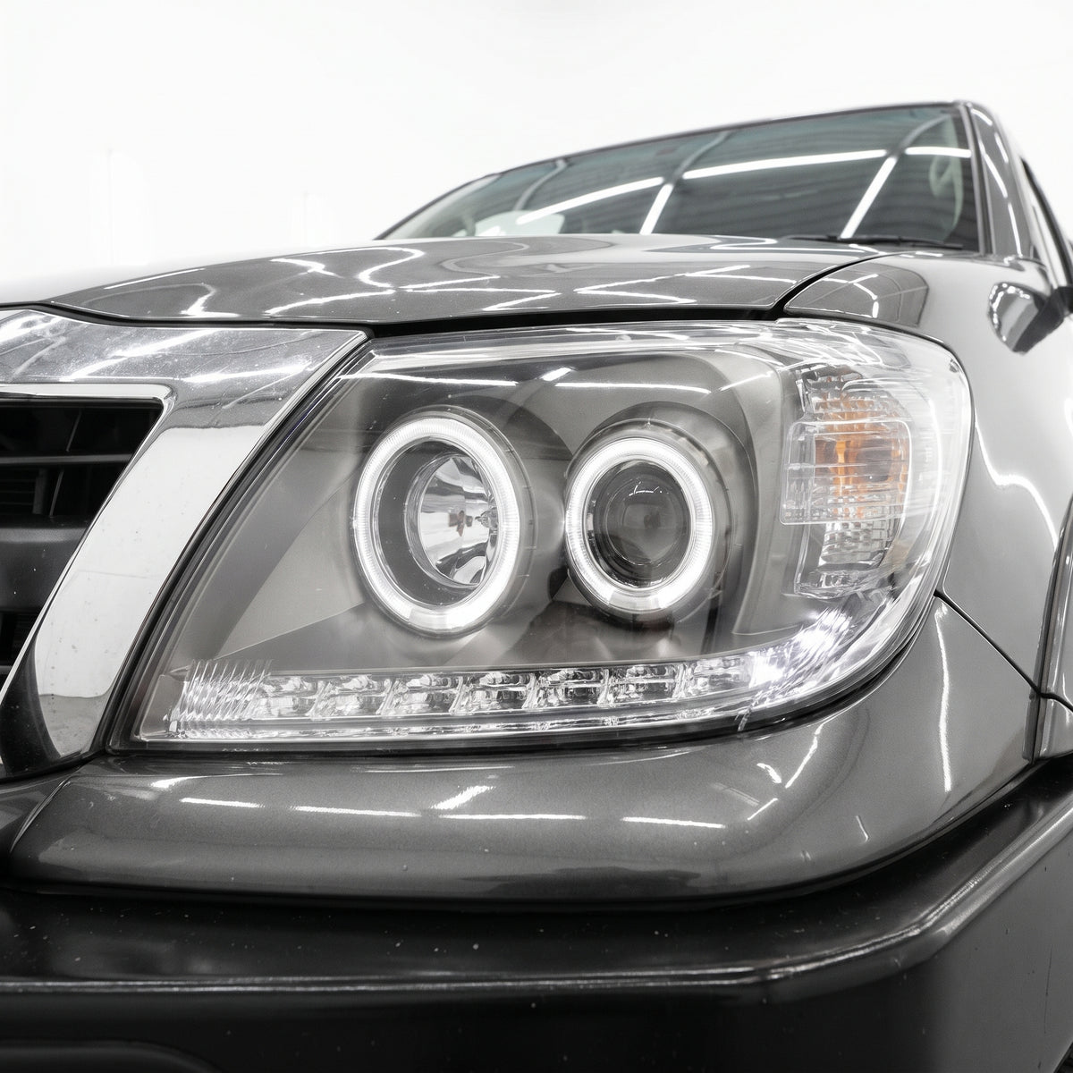 Toyota Hilux N70 (2005 - 2015) Halo Angel Eyes Projector Headlights LH + RH installed close-up